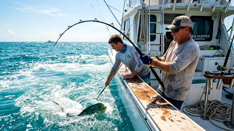 Angler fighting a large fish on a rod aboard a fishing charter boat in open water.