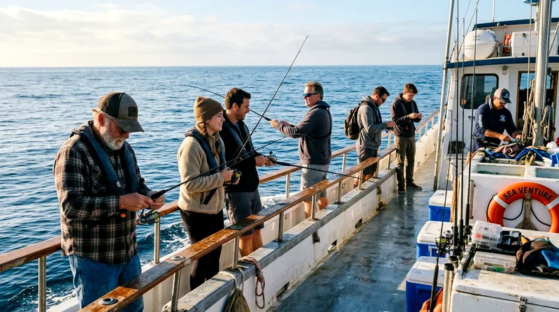Multiple unrelated anglers standing at the rail of a shared fishing charter boat.