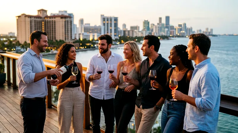 Six people wine tasting from glasses on rooftop bar at sunset with Miami skyline behind.