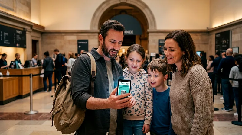 Family of four viewing Go City Pass app on a smartphone.