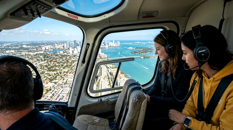Helicopter interior view of passengers with headsets looking down at Miami below.