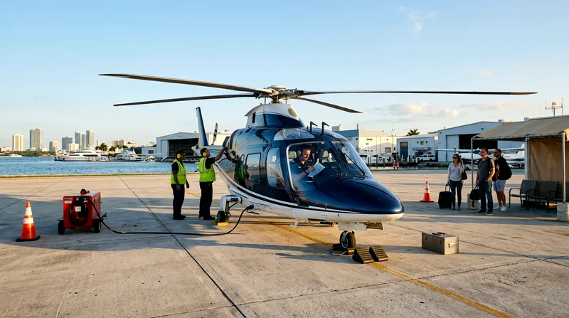 Helicopter parked on a Miami helipad at early morning with pilot visible in cockpit.