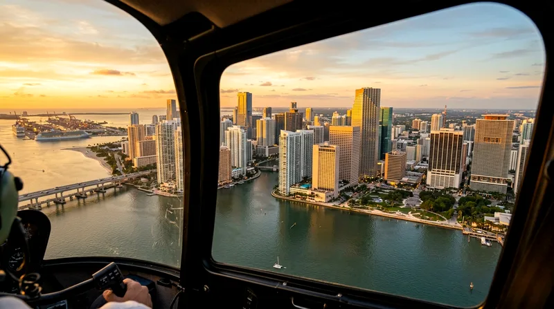Early morning golden light over Downtown Miami skyline from helicopter tour