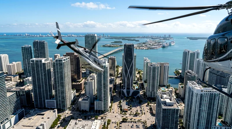 Helicopter banking over downtown Miami's tall buildings with Biscayne Bay visible beyond.