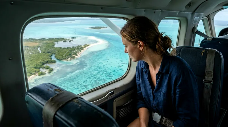 Passenger looking out seaplane window at turquoise Biscayne Bay waters and mangroves below.