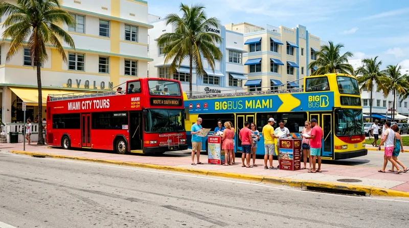 Two different colored double-decker tour buses parked back-to-back near South Beach with signage