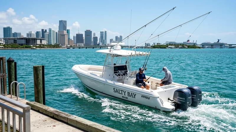 Two anglers aboard a center-console boat with trolling lines deployed in Biscayne Bay.
