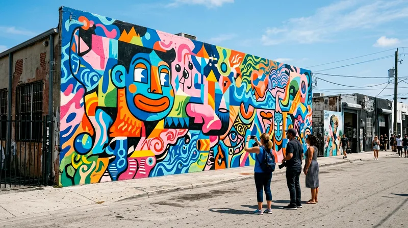 Colorful Wynwood Walls street art mural with three visitors viewing and photographing during daylight.