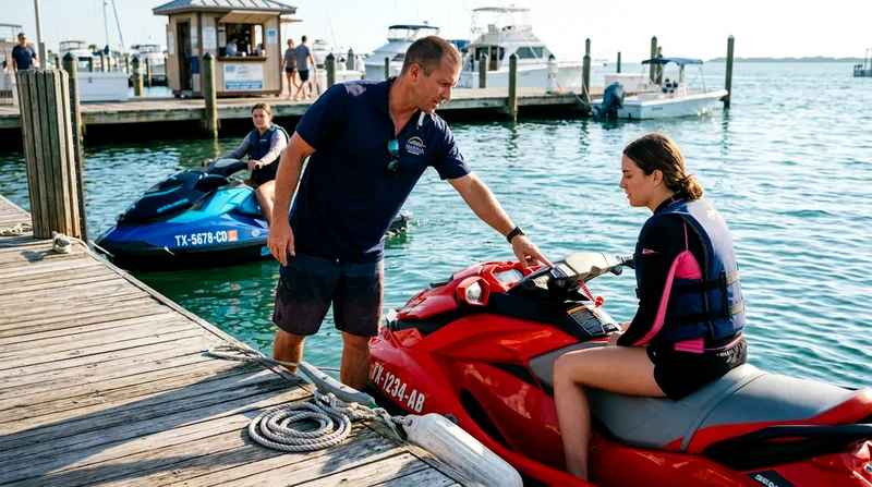 Jet ski operator demonstrating safety features and throttle control to a rider on the dock