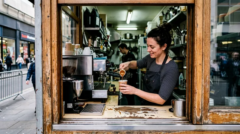 Woman at a Little Havana ventanita coffee window pouring cafecito into a small cup.