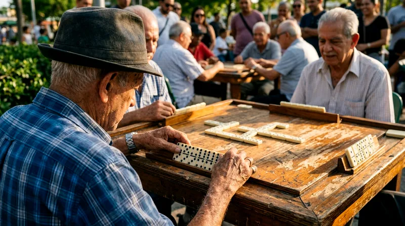 Elderly man studying his hand of dominoes at Little Havana's Domino Park.