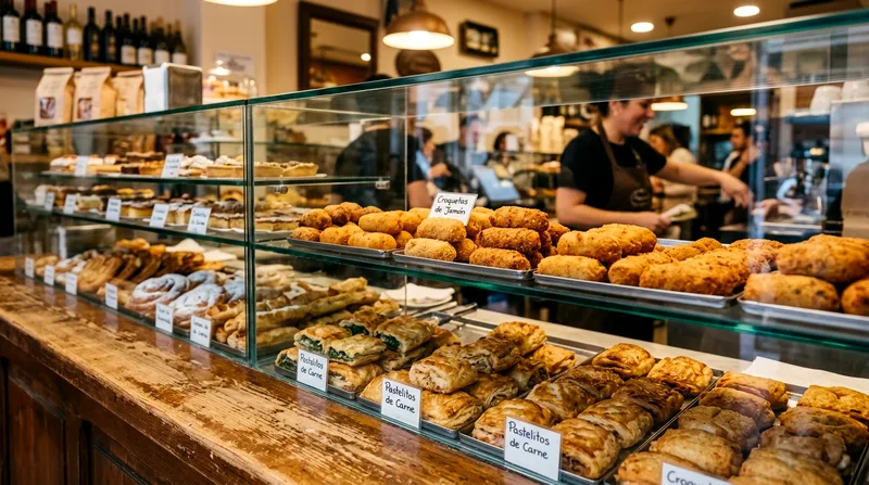 Pastry display counter at a Cuban pastelería showing croquetas and sweets in Little Havana.