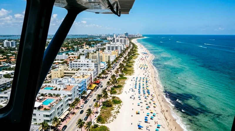 Aerial view from helicopter showing South Beach, hotels, and Ocean Drive from 800 feet.