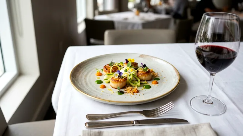 Artfully plated fine-dining course with wine glass on white tablecloth in luxury restaurant.