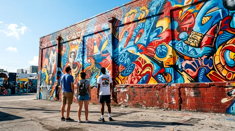 Three visitors from behind viewing a large colorful Wynwood Walls mural on a brick building
