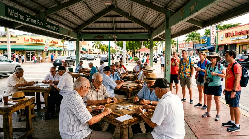 Retirees playing dominoes under a pavilion roof at Domino Park with tourists observing from outside