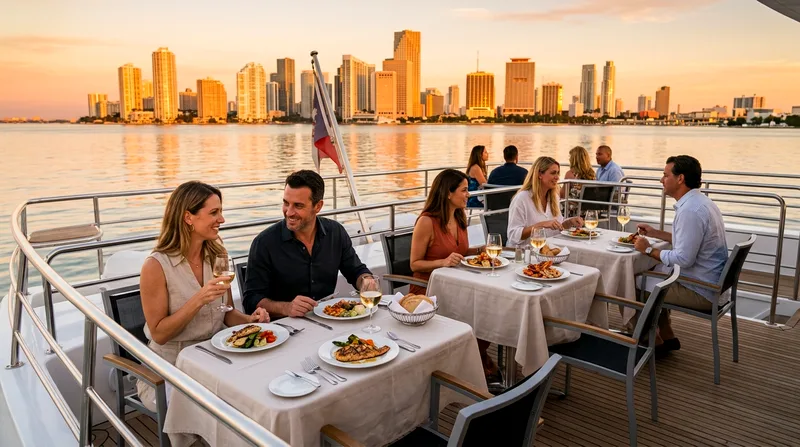 Diners at candlelit tables on sunset dinner cruise with Miami skyline across the bay.