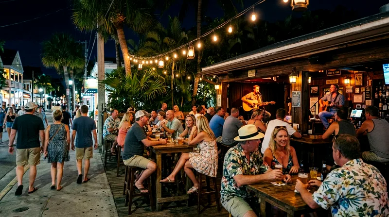 Casual open-air Key West bar with no entrance doors and customers in everyday clothing.