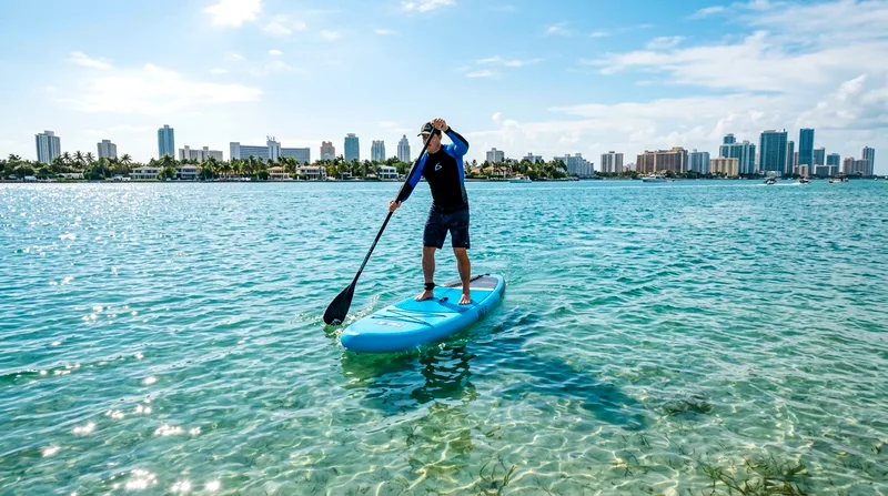 Solo paddleboarder on a blue board in turquoise Biscayne Bay with Miami Beach skyline distant