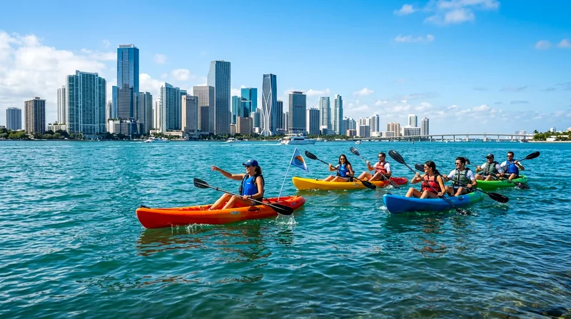 Group kayak tour Miami Biscayne Bay skyline