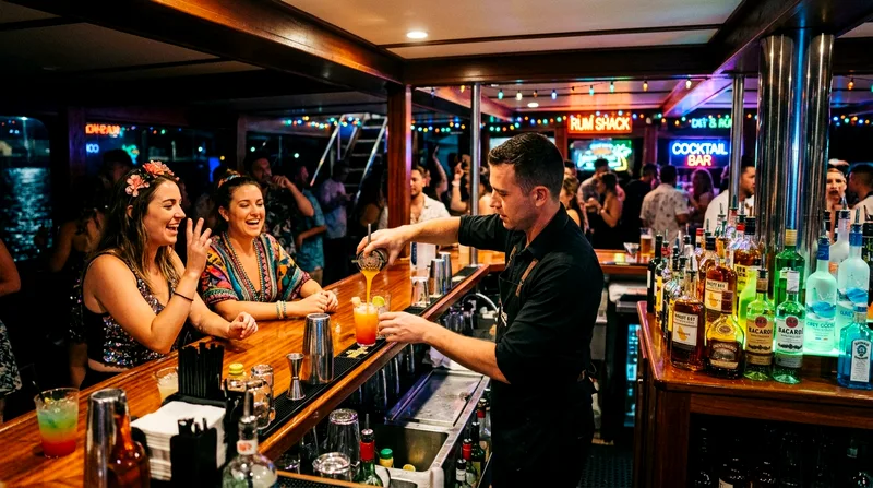 Bartender mixing cocktails at a full bar aboard a party boat with customers waiting for drinks