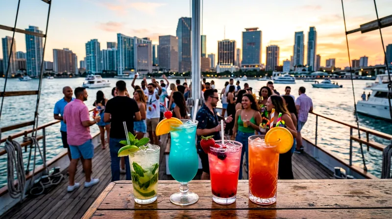 Colorful cocktails served on a Miami party boat deck during a booze cruise