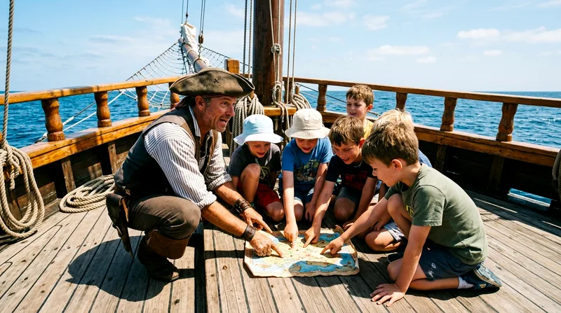 Costumed pirate showing a treasure map to a group of children on a boat deck.