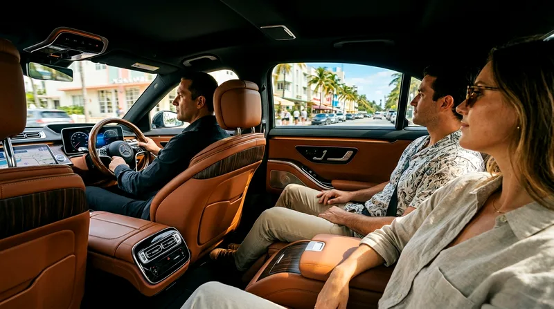 Interior of a luxury SUV with two passengers in back seats and a driver in front, viewing Miami streets