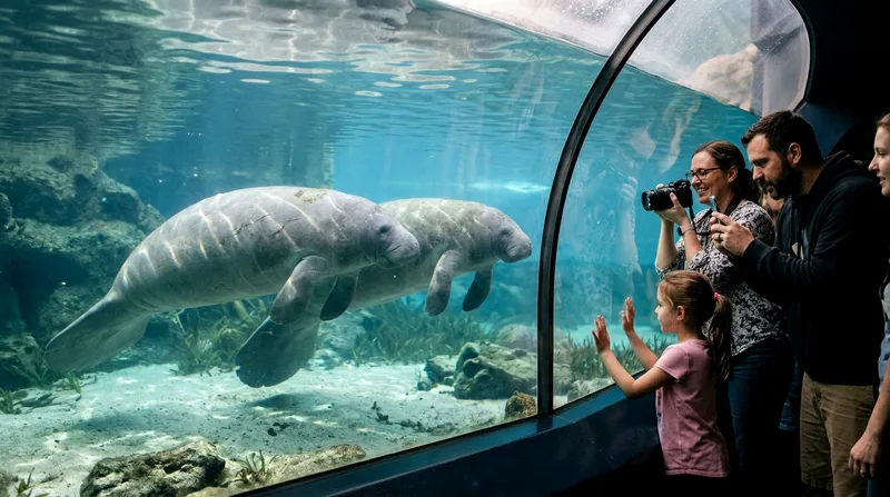 Manatees swimming behind acrylic glass with visitors watching closely.