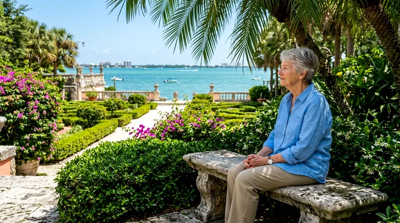 Senior visitor resting on a shaded stone bench in Vizcaya Museum's formal garden overlooking Biscayne Bay.