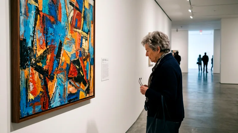 Senior visitor reading placard beside modern artwork in air-conditioned Pérez Art Museum gallery.