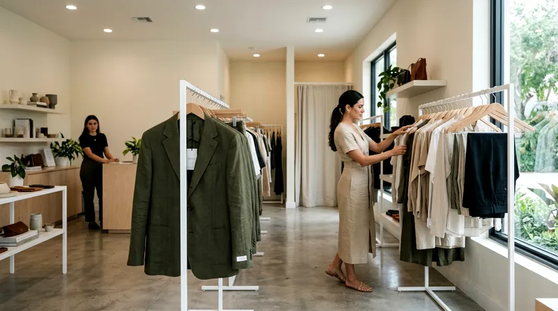 Woman browsing designer clothing on a rack inside a minimalist boutique interior.