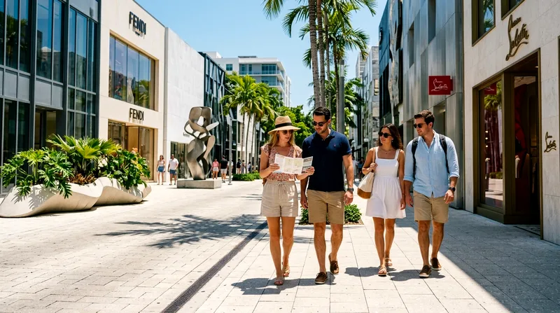 Small group of shoppers walking down Miami Design District street with storefronts visible.
