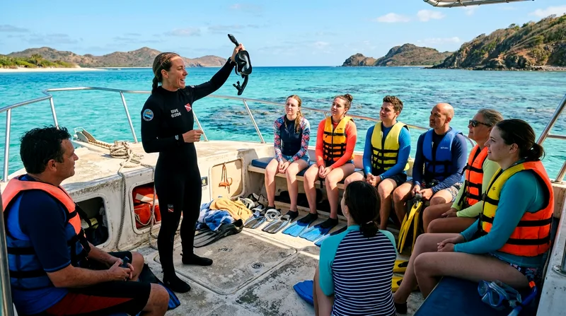 Dive guide demonstrating snorkel equipment to a group of snorkelers seated on a tour boat deck
