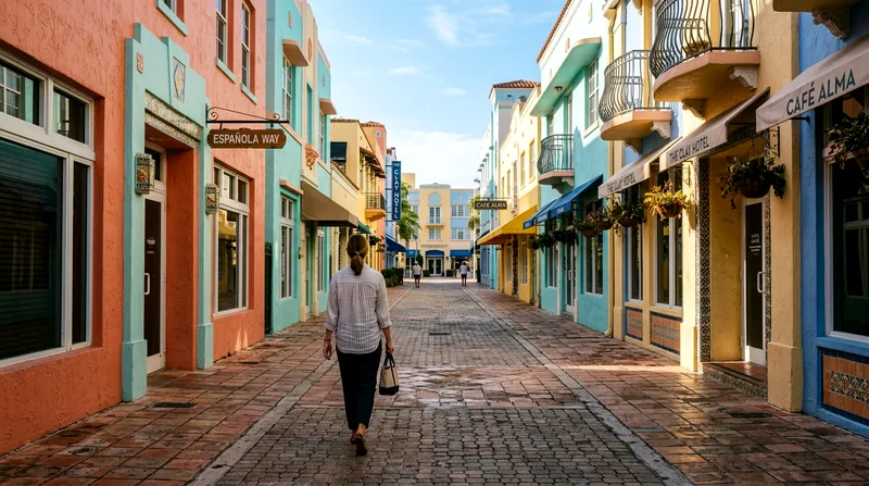 Solo visitor walking down quiet Española Way in Art Deco Historic District at dawn.