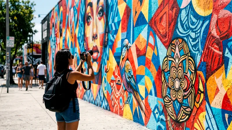 Solo visitor photographing a large colorful Wynwood mural with camera held up.