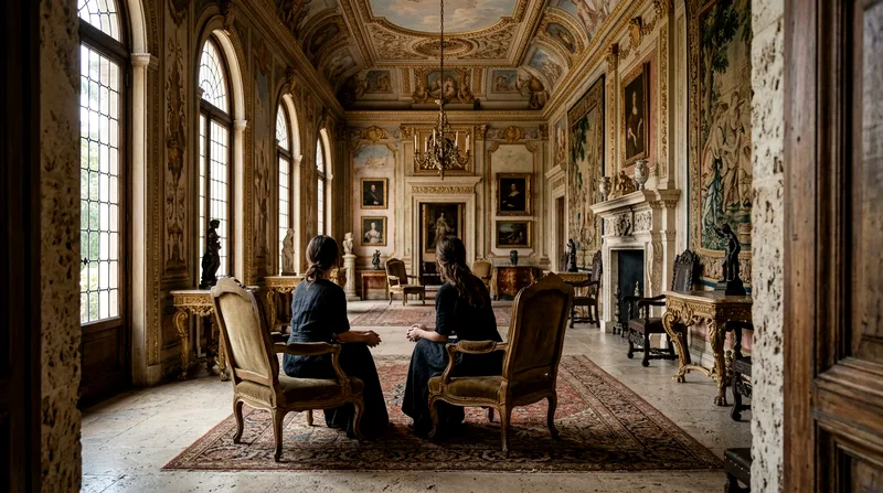 Solo visitor seated alone in a period room inside Vizcaya Museum's Italian Renaissance villa.