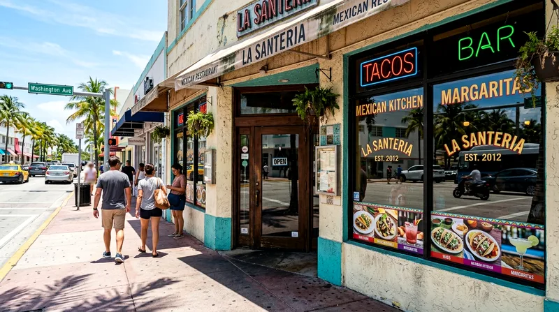 Restaurant storefront entrance on Washington Avenue in South Beach.
