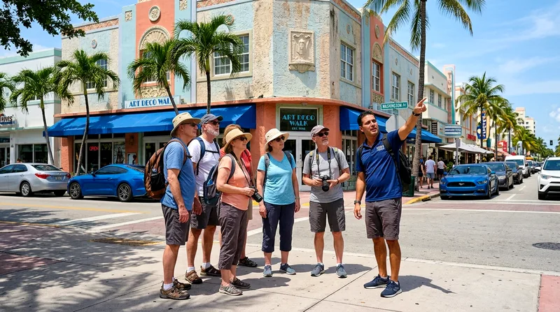 Tour guide pointing out details to a group of six on a South Beach street corner.
