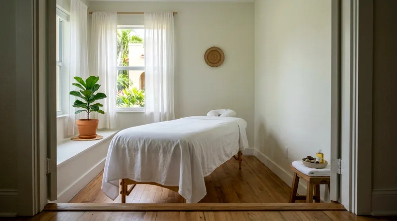 Minimalist massage table in a small wellness center treatment room with window light.