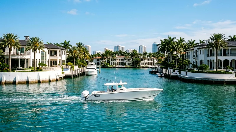 Speedboat approaching Star Island revealing luxury waterfront mansions with manicured grounds