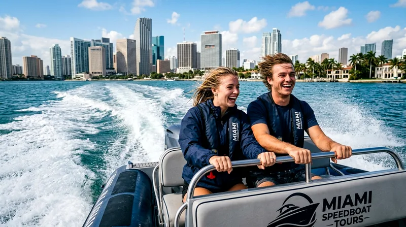 Couple holding on during a high-speed Biscayne Bay speedboat tour in Miami