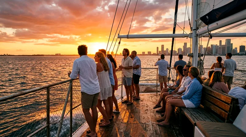 Passengers lined along a catamaran's western rail watching the sunset over Biscayne Bay