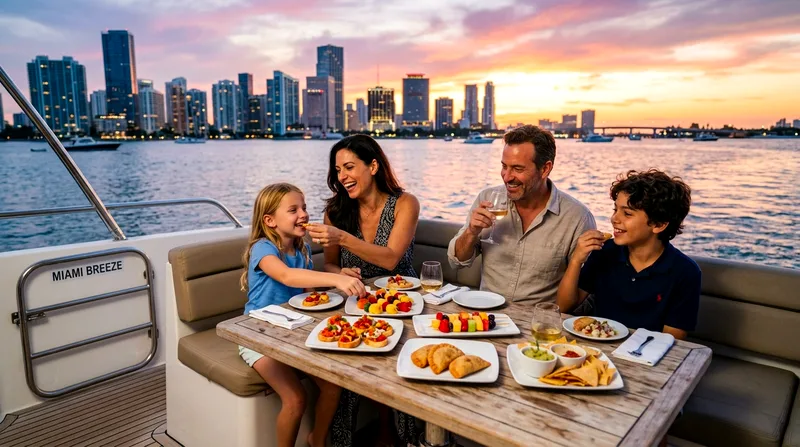 Family enjoying appetizers on a family-friendly Miami evening boat tour