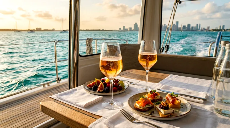 Champagne glasses and appetizer plates set on a dining table aboard a sunset cruise catamaran