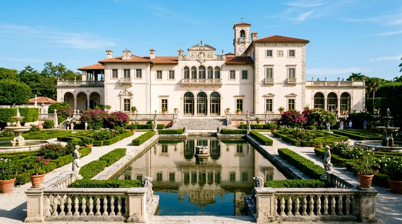 Vizcaya Museum's ornate Italian Renaissance façade framed by formal gardens and reflecting pool.