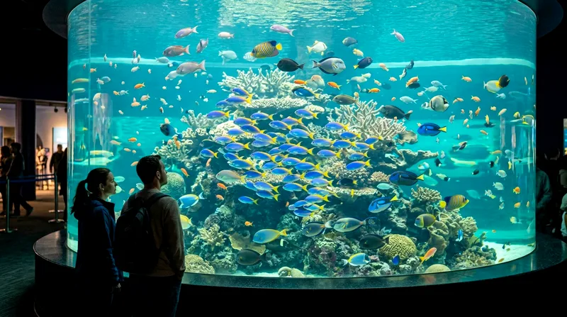 Aquarium tanks with tropical fish viewed by visitors through acrylic glass at Miami Seaquarium.