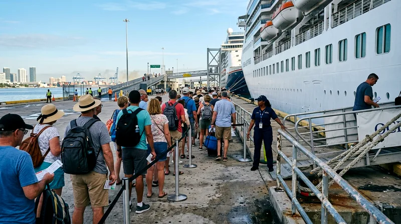 Passengers boarding a day cruise ship at Miami port in the morning.