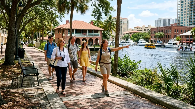 Tour group walking along Fort Lauderdale's riverfront promenade with guide.
