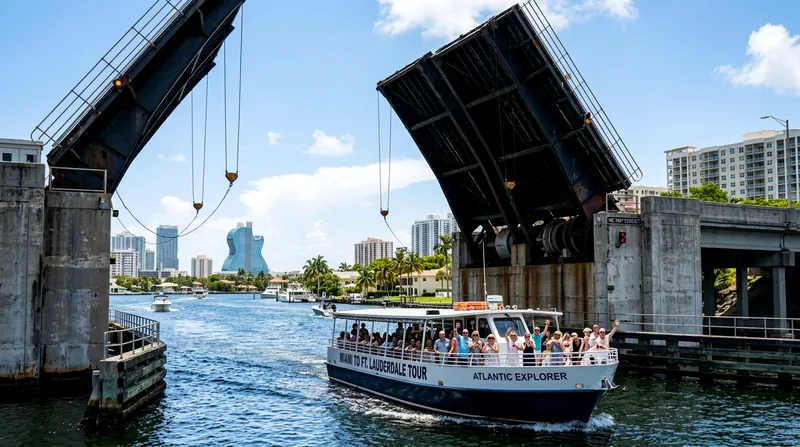 Boat tour passing under drawbridge on Miami to Fort Lauderdale tour route